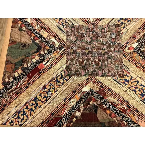 Homemade Book Quilt Children Pencils Brown Tan Wall Hanging 49" X 44.5" Teacher - Picture 3 of 10